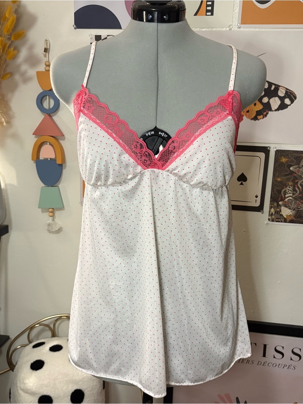 Vintage White & Pink Polka Dot Lace Cami | Size Medium